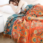 Jacquard plaid met bloemmotief en franjes voor bank en bed