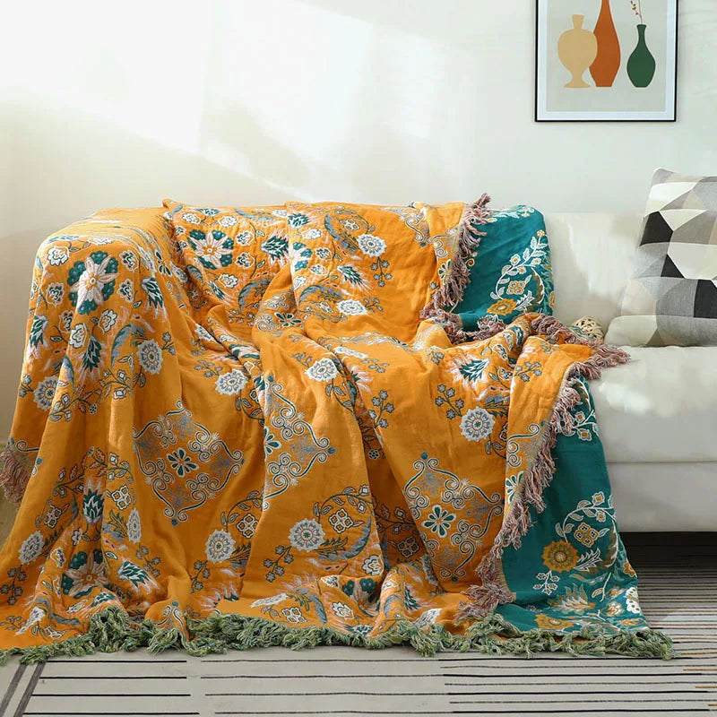Jacquard plaid met bloemmotief en franjes voor bank en bed