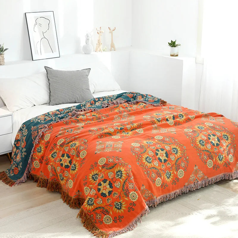 Jacquard plaid met bloemmotief en franjes voor bank en bed