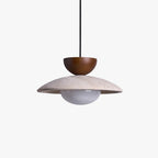 Travertin Hanglamp Met Glazen Kap En Houten Element