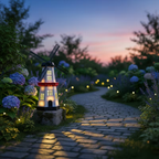 Solar‑Windmolen met Warm Licht en Draaiende Vluchtbladen