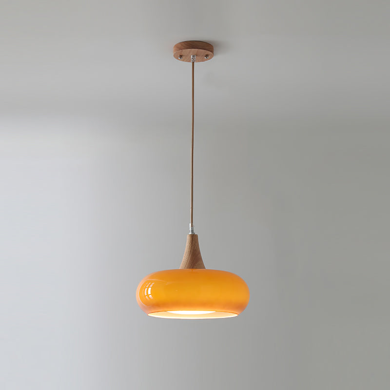 Glazen Hanglamp met Houten Accent en Zachte Lichtspreiding