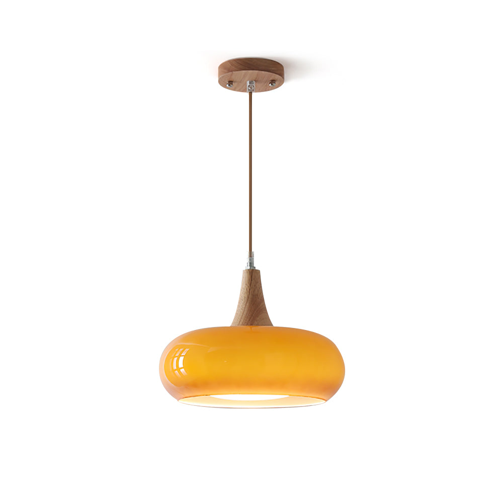 Glazen Hanglamp met Houten Accent en Zachte Lichtspreiding