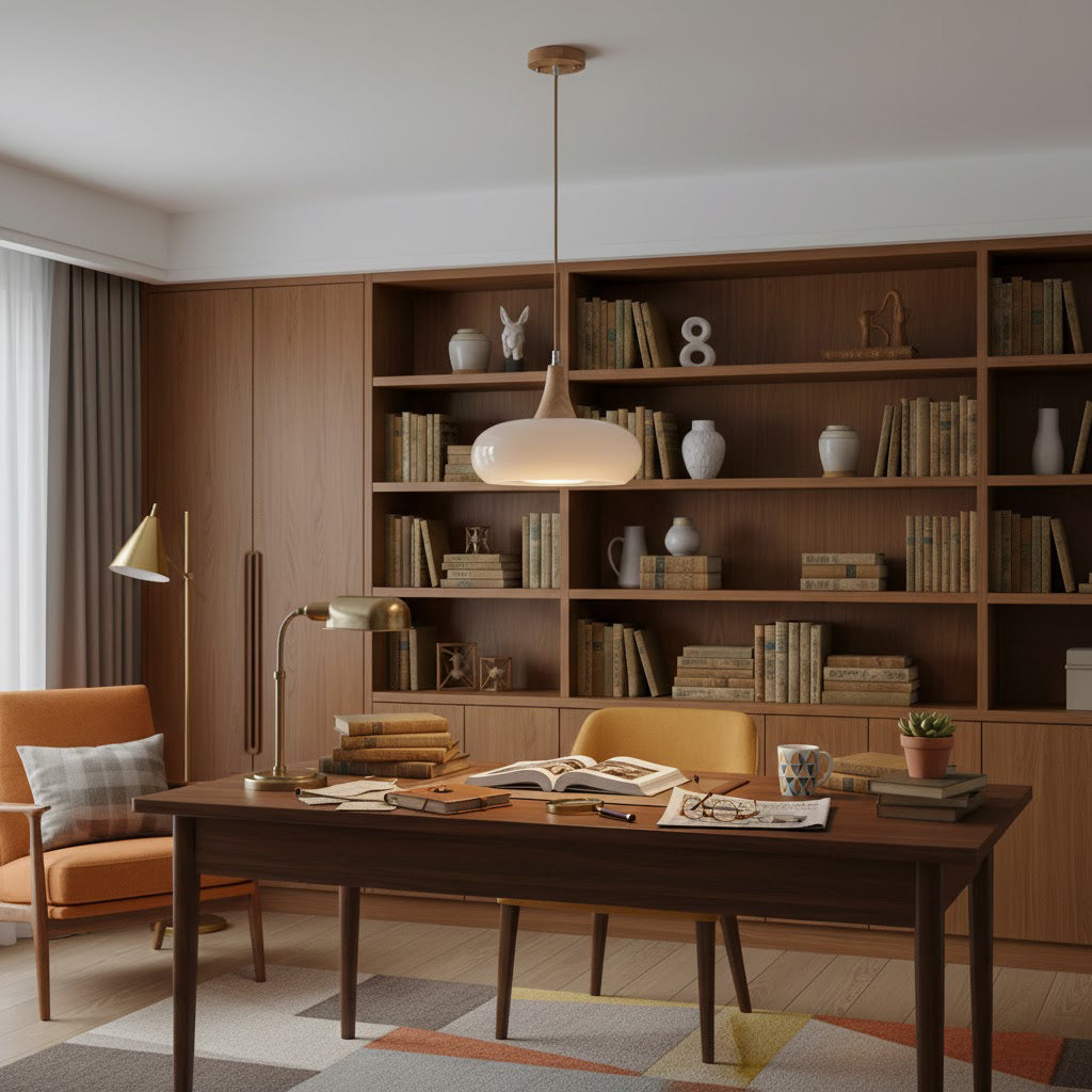 Glazen Hanglamp met Houten Accent en Zachte Lichtspreiding