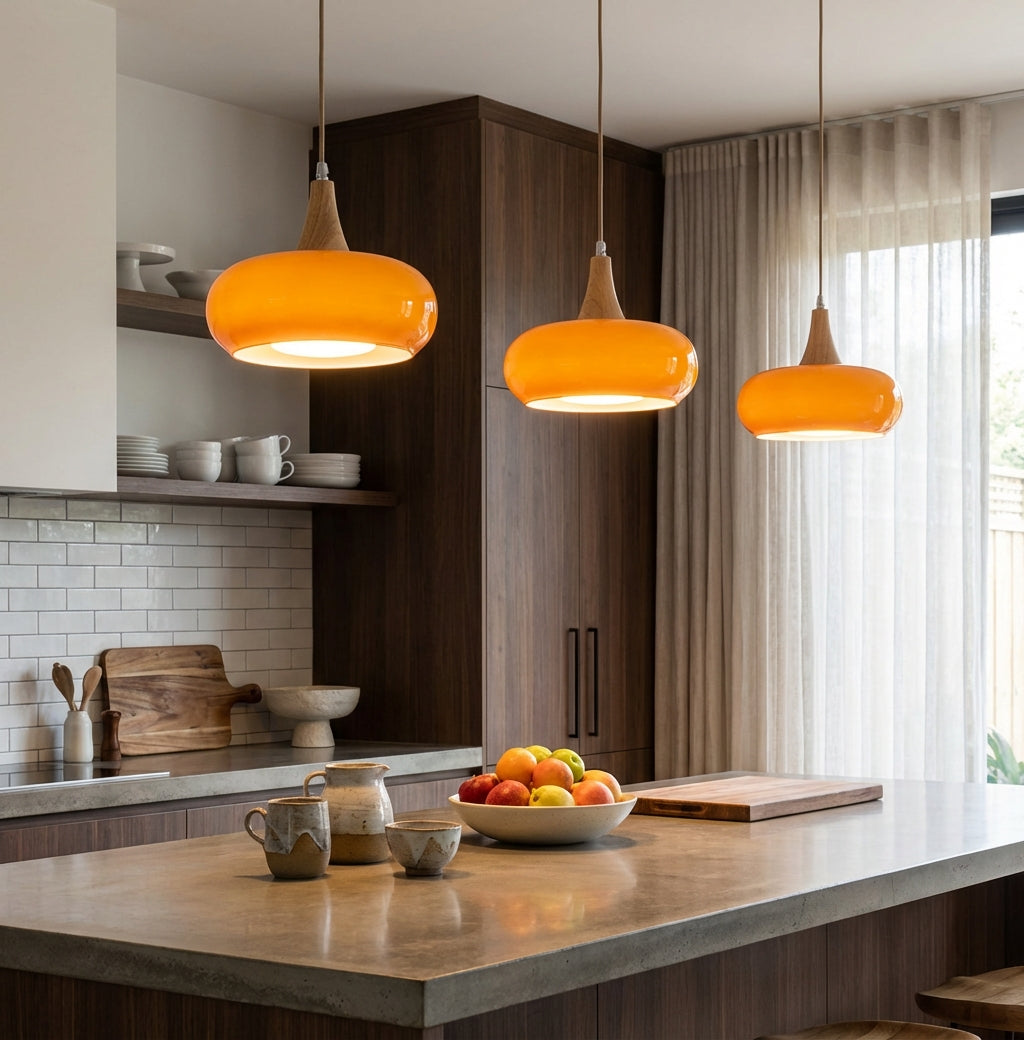 Glazen Hanglamp met Houten Accent en Zachte Lichtspreiding
