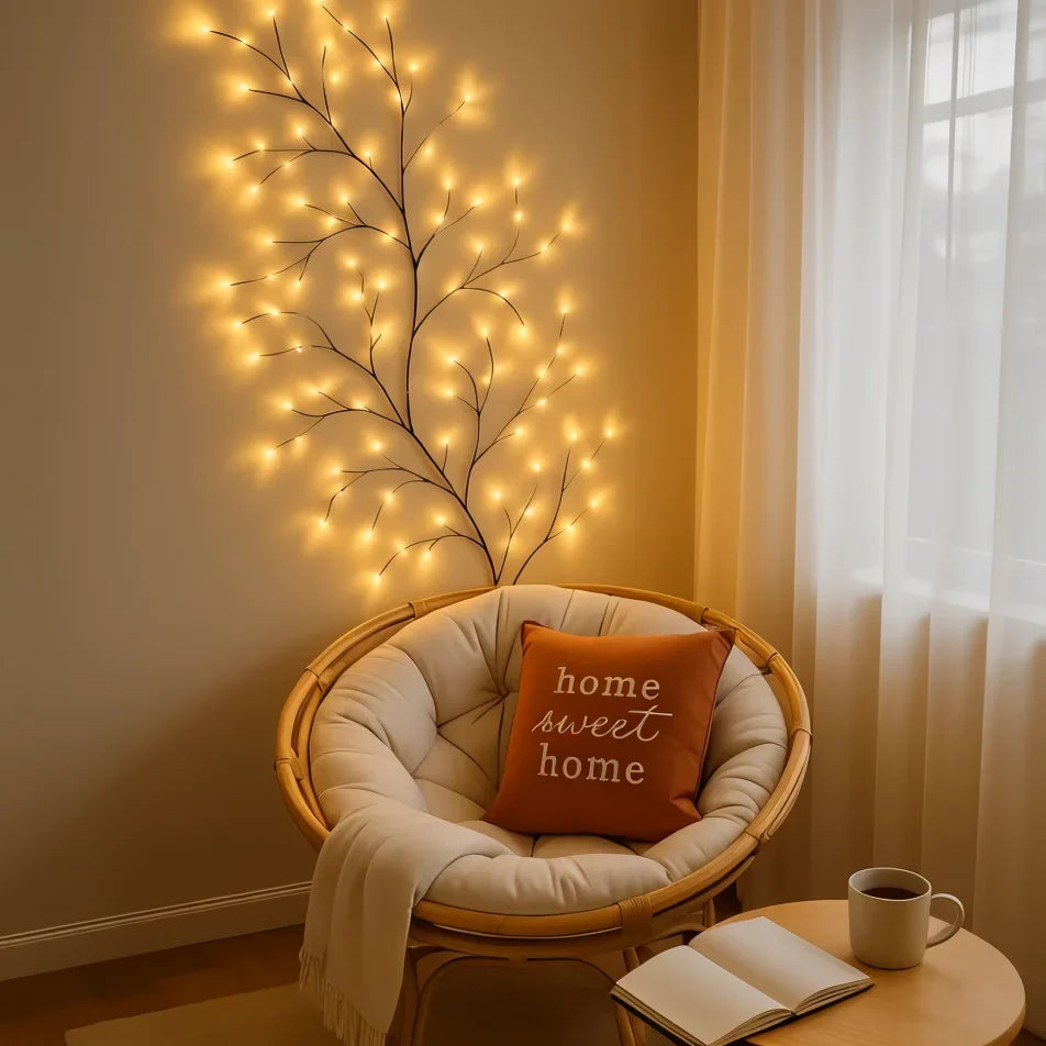 LED‑Slingertak met Warm Licht en Natuurlijke Sfeeraccenten