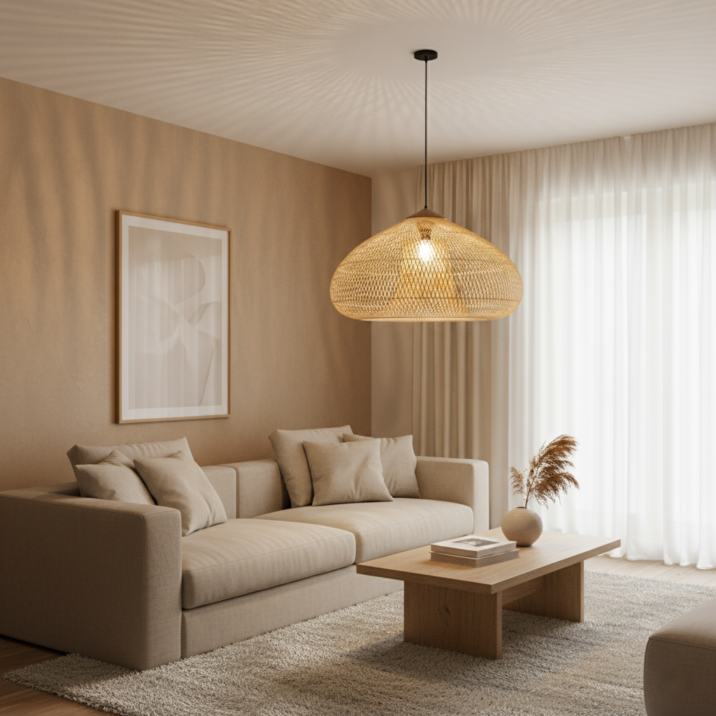 Rieten Hanglamp Met Handgevlochten Kap En Zachte Natuurlijke Lichtspreiding