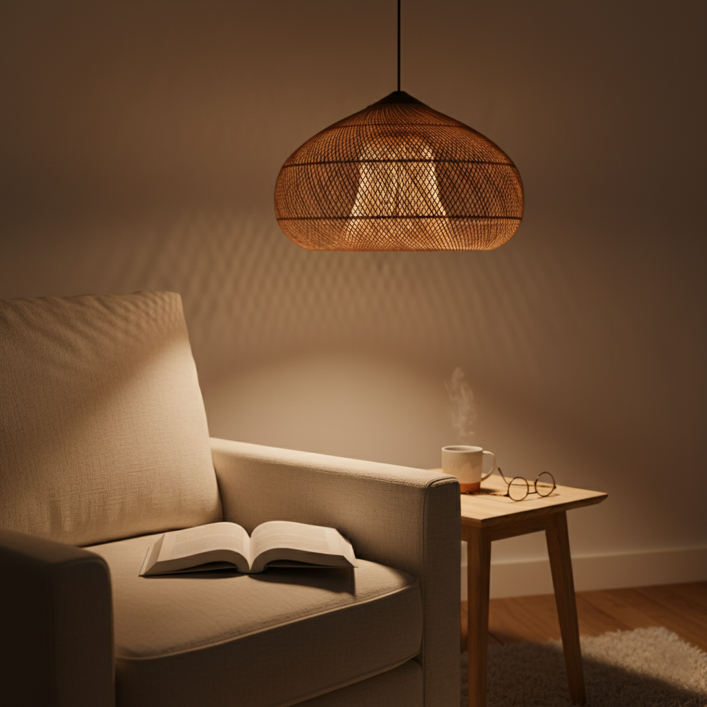 Rieten Hanglamp Met Handgevlochten Kap En Zachte Natuurlijke Lichtspreiding