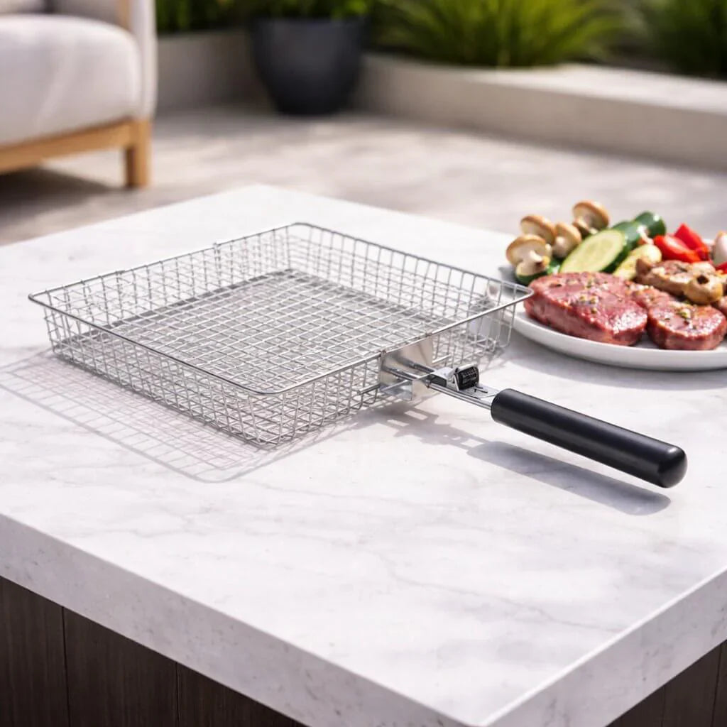 Roestvrijstalen Grillmand met Opklapbaar Rooster voor Barbecue en Grill