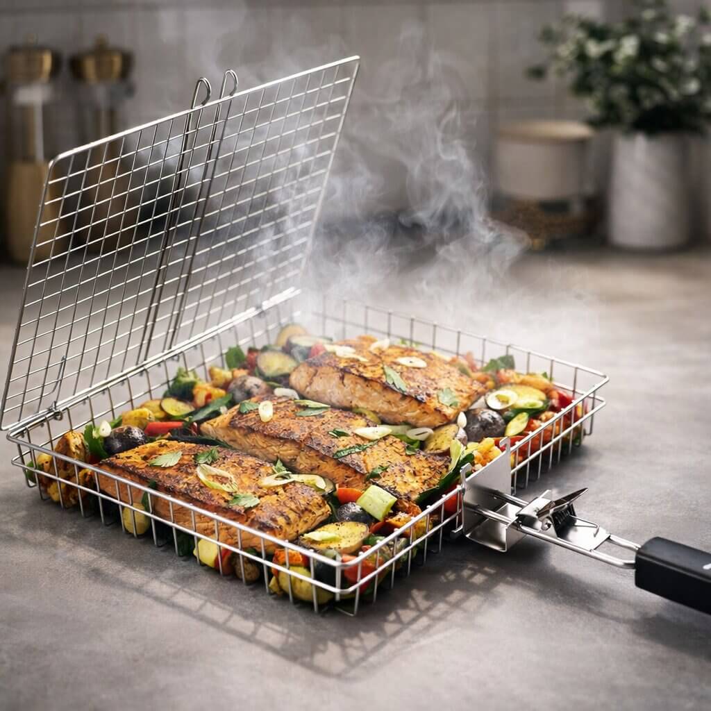 Roestvrijstalen Grillmand met Opklapbaar Rooster voor Barbecue en Grill