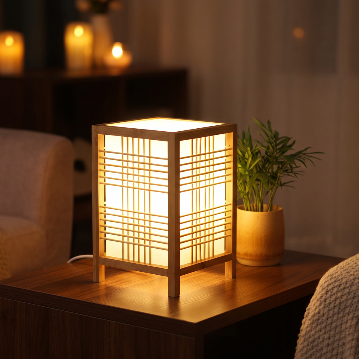 Japandi Tafellamp Met Handgeweven Bamboe En Sfeervol Lichteffect