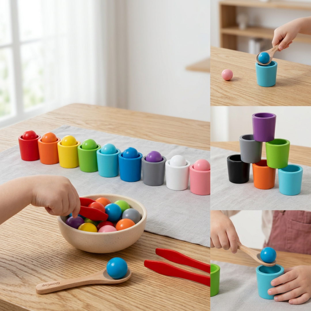 Montessori Kleurensorteerspel Met Ballen En Bekers Voor Educatief Speelplezier