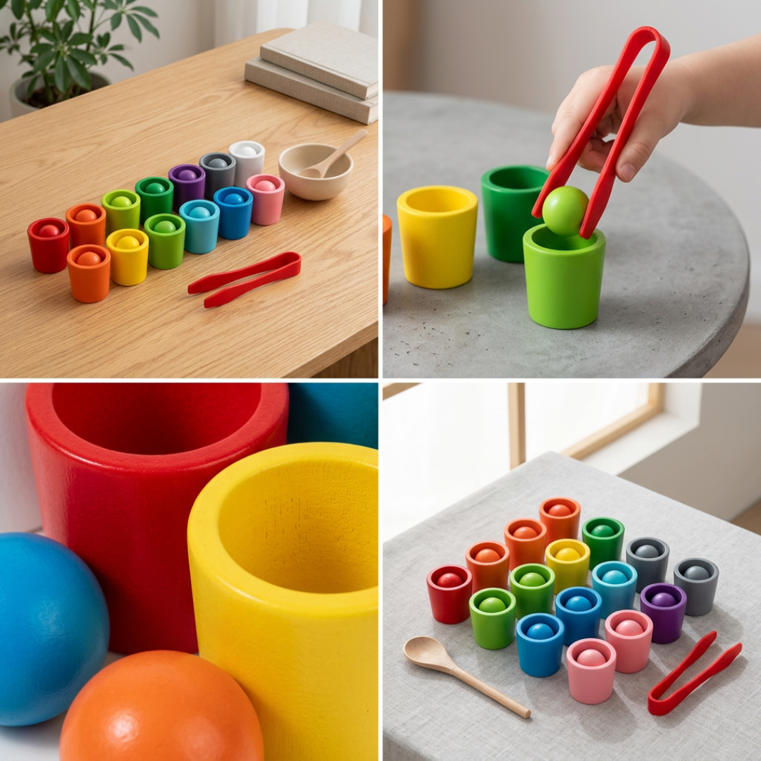 Montessori Kleurensorteerspel Met Ballen En Bekers Voor Educatief Speelplezier