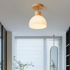 Scandinavische Plafondlamp met Geribbeld Glas en Houten Afwerking