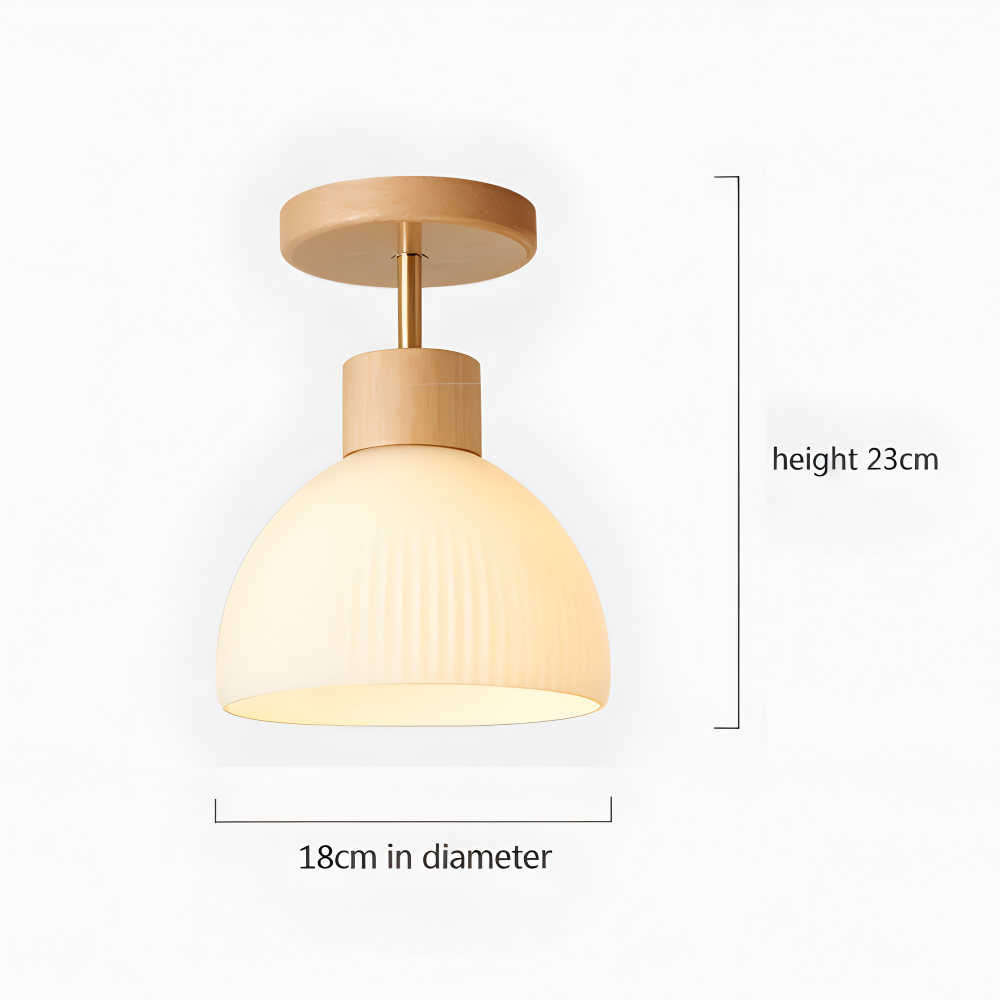 Scandinavische Plafondlamp met Geribbeld Glas en Houten Afwerking