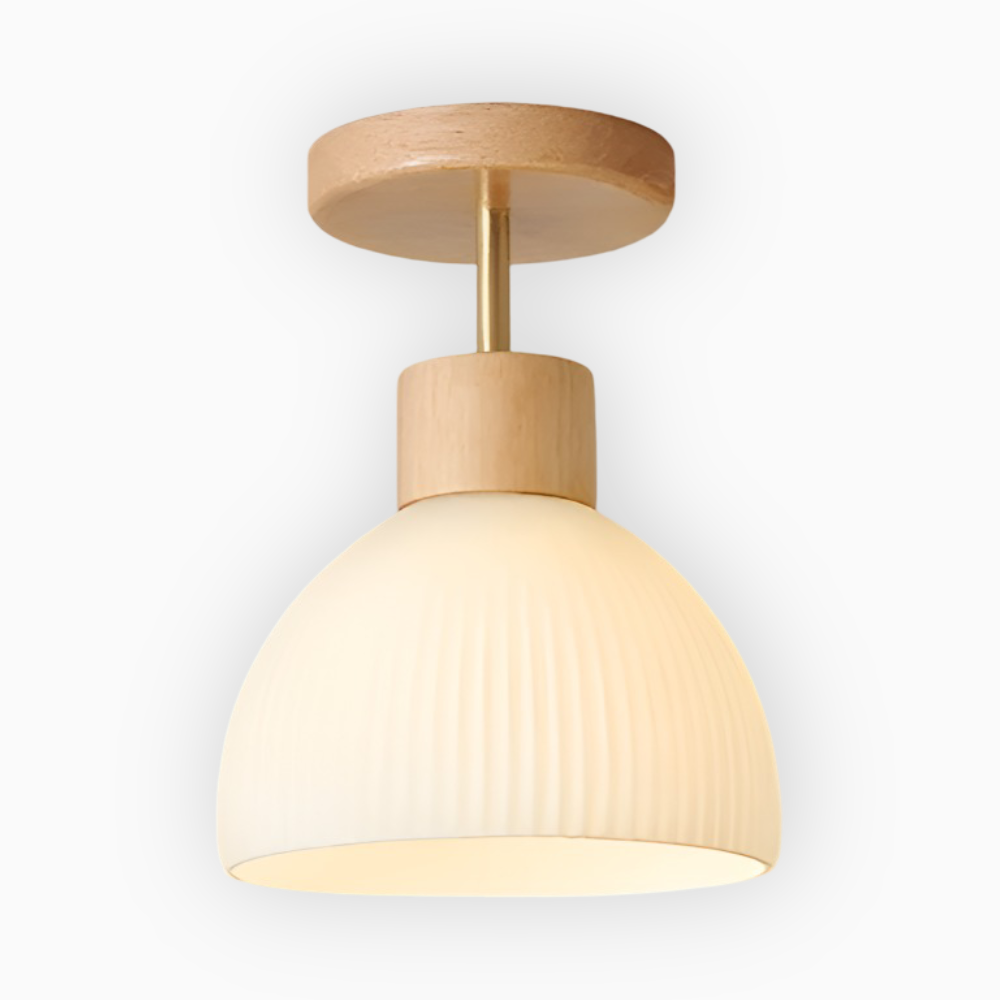 Scandinavische Plafondlamp met Geribbeld Glas en Houten Afwerking