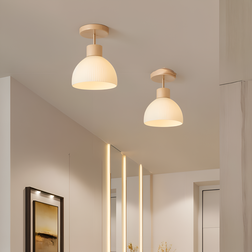 Scandinavische Plafondlamp met Geribbeld Glas en Houten Afwerking