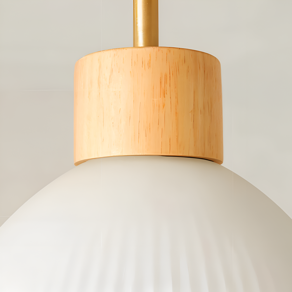 Scandinavische Plafondlamp met Geribbeld Glas en Houten Afwerking