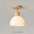 Scandinavische Plafondlamp met Geribbeld Glas en Houten Afwerking