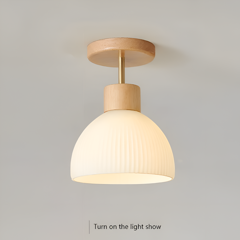 Scandinavische Plafondlamp met Geribbeld Glas en Houten Afwerking