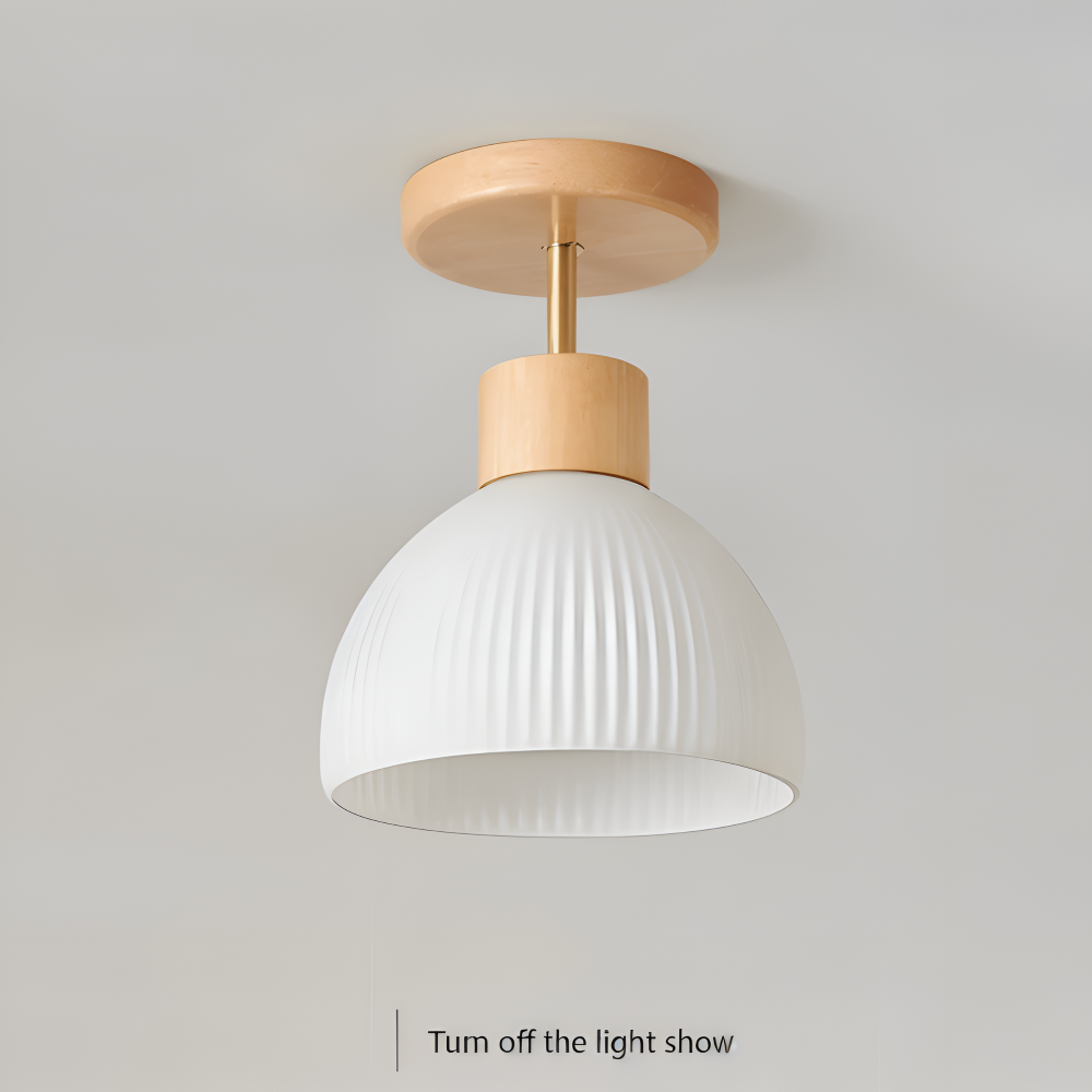 Scandinavische Plafondlamp met Geribbeld Glas en Houten Afwerking