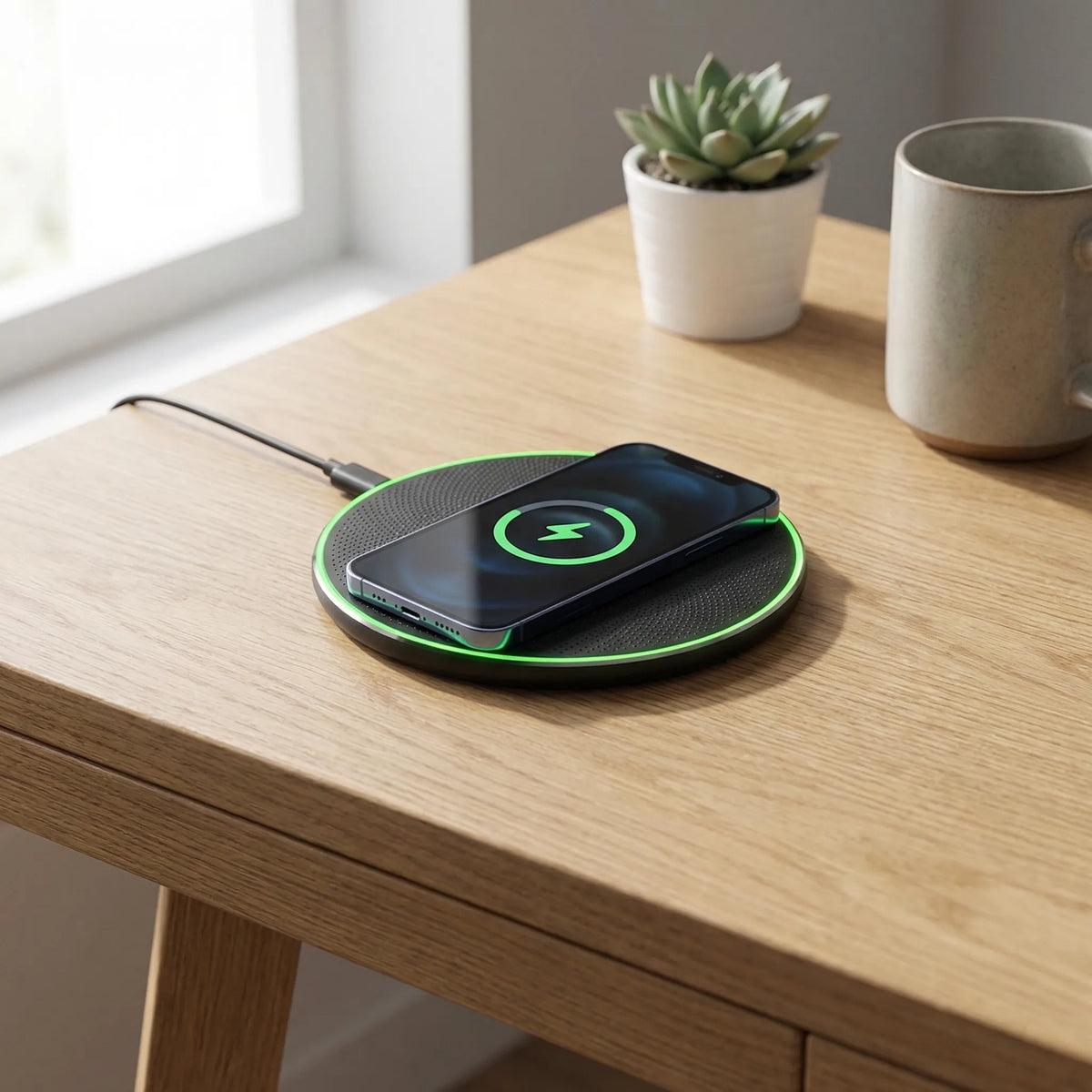 Oplaadpad Met Snelle Draadloze Qi‑Lading En Compact Modern Ontwerp