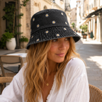 Dames Bucket Hat van Katoen met Geborduurde Madeliefjes en Brede Rand
