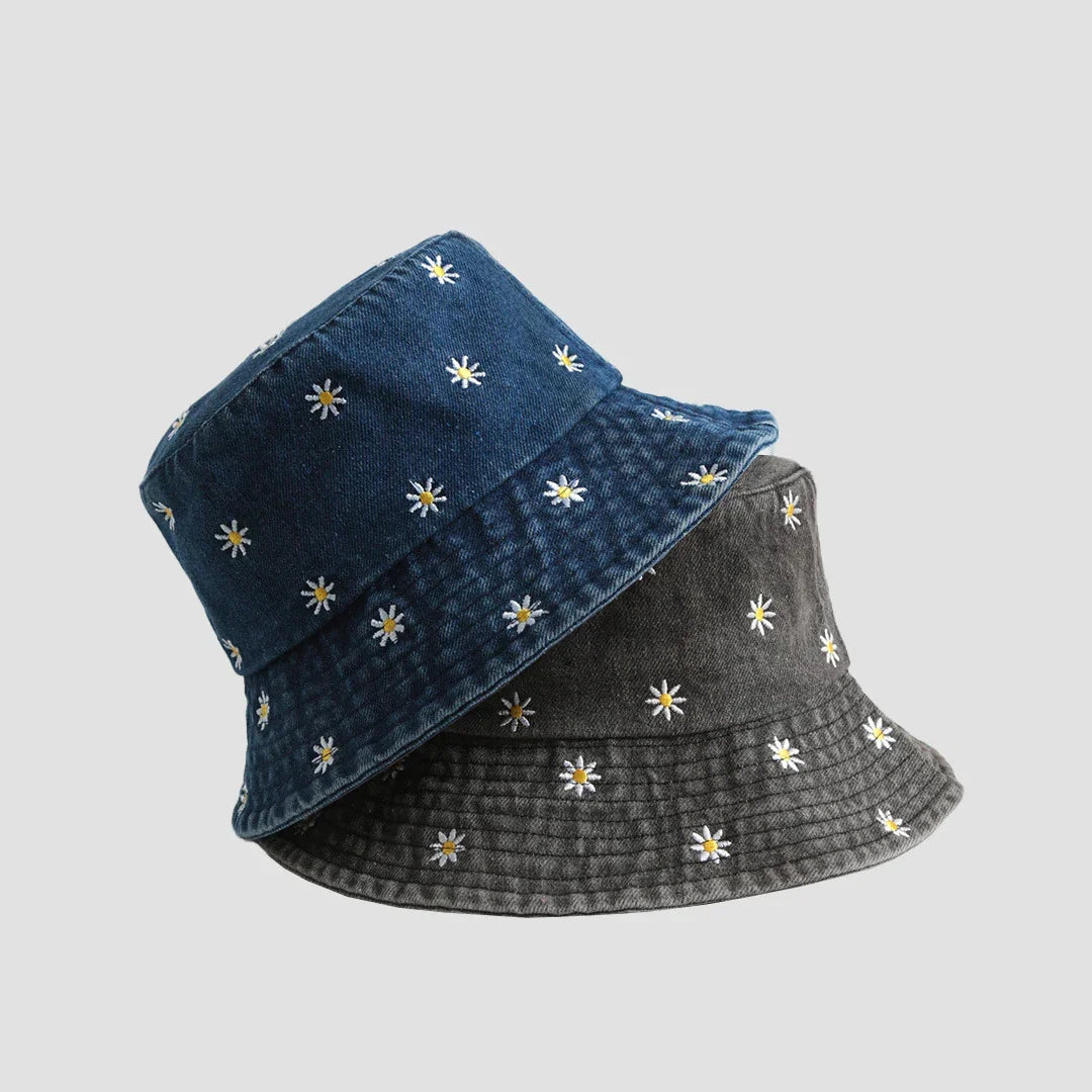 Dames Bucket Hat van Katoen met Geborduurde Madeliefjes en Brede Rand