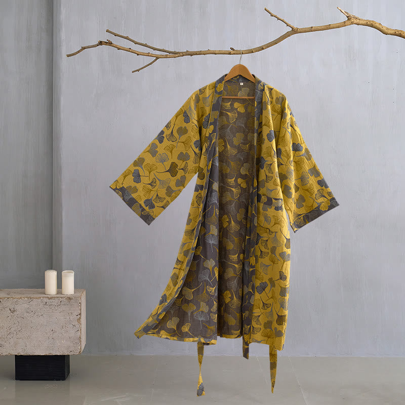 Katoenen Kimono Badjas Met Zachte Stof En Elegant Bladmotief