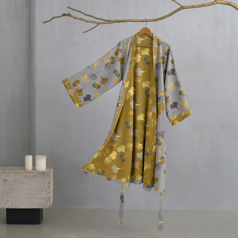 Katoenen Kimono Badjas Met Zachte Stof En Elegant Bladmotief