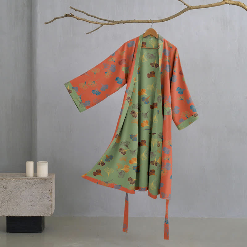 Katoenen Kimono Badjas Met Zachte Stof En Elegant Bladmotief