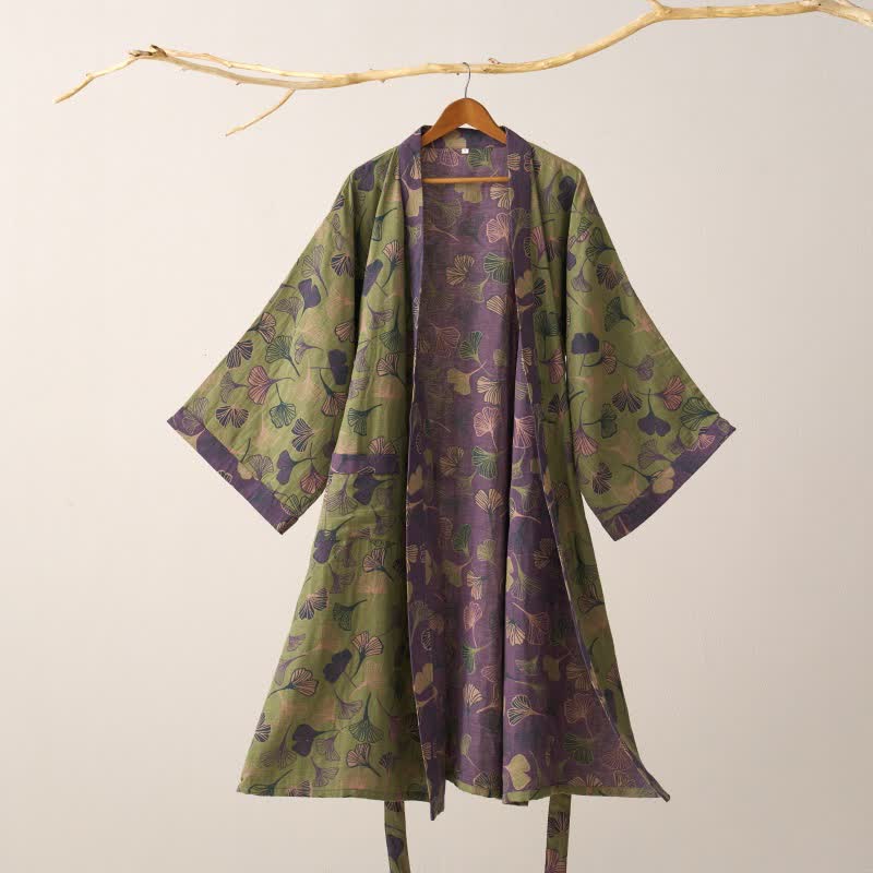 Katoenen Kimono Badjas Met Zachte Stof En Elegant Bladmotief