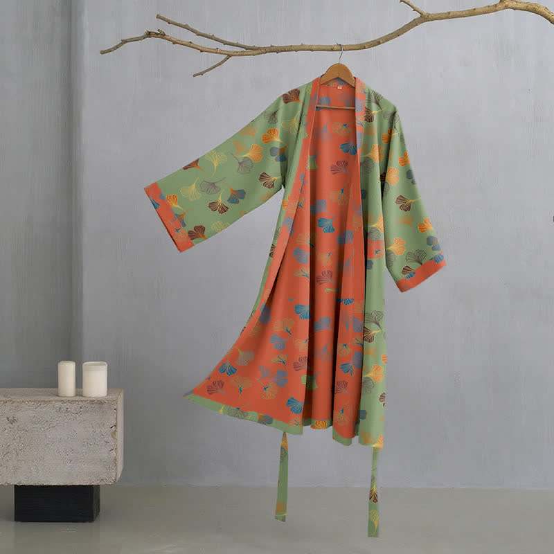 Katoenen Kimono Badjas Met Zachte Stof En Elegant Bladmotief