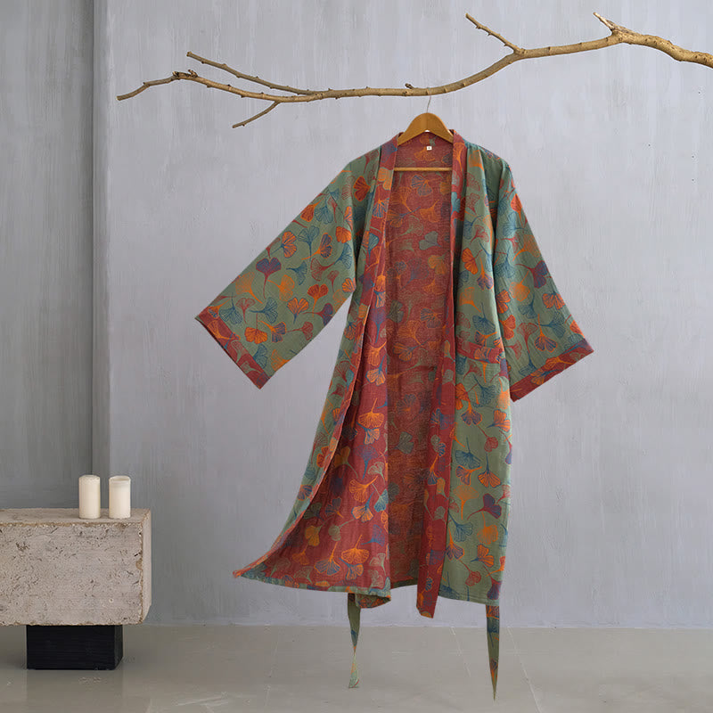 Katoenen Kimono Badjas Met Zachte Stof En Elegant Bladmotief