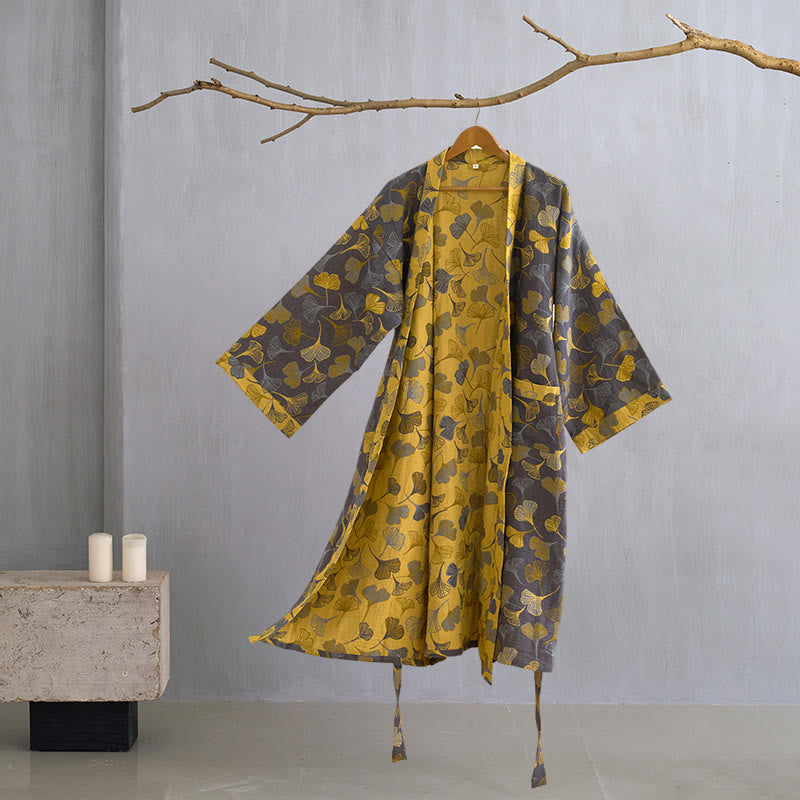 Katoenen Kimono Badjas Met Zachte Stof En Elegant Bladmotief