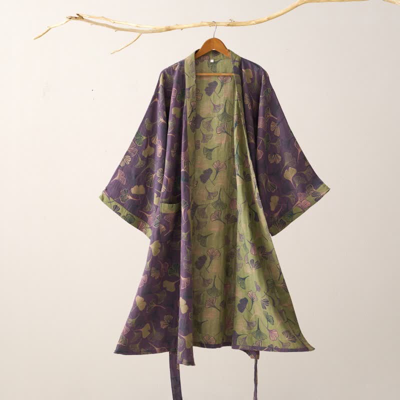 Katoenen Kimono Badjas Met Zachte Stof En Elegant Bladmotief
