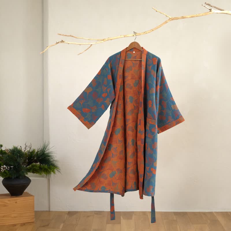 Katoenen Kimono Badjas Met Zachte Stof En Elegant Bladmotief