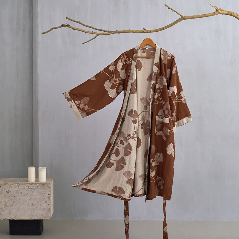 Kimono Badjas Met Zachte Stof En Omkeerbaar Bladmotief