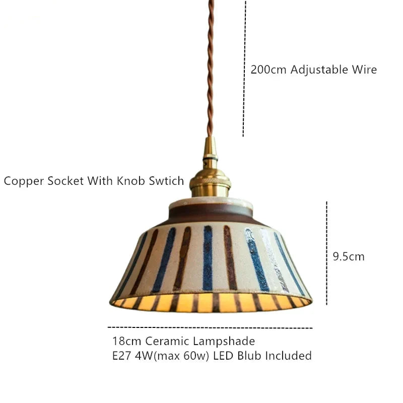 Handbeschilderde keramische hanglamp met koperen details