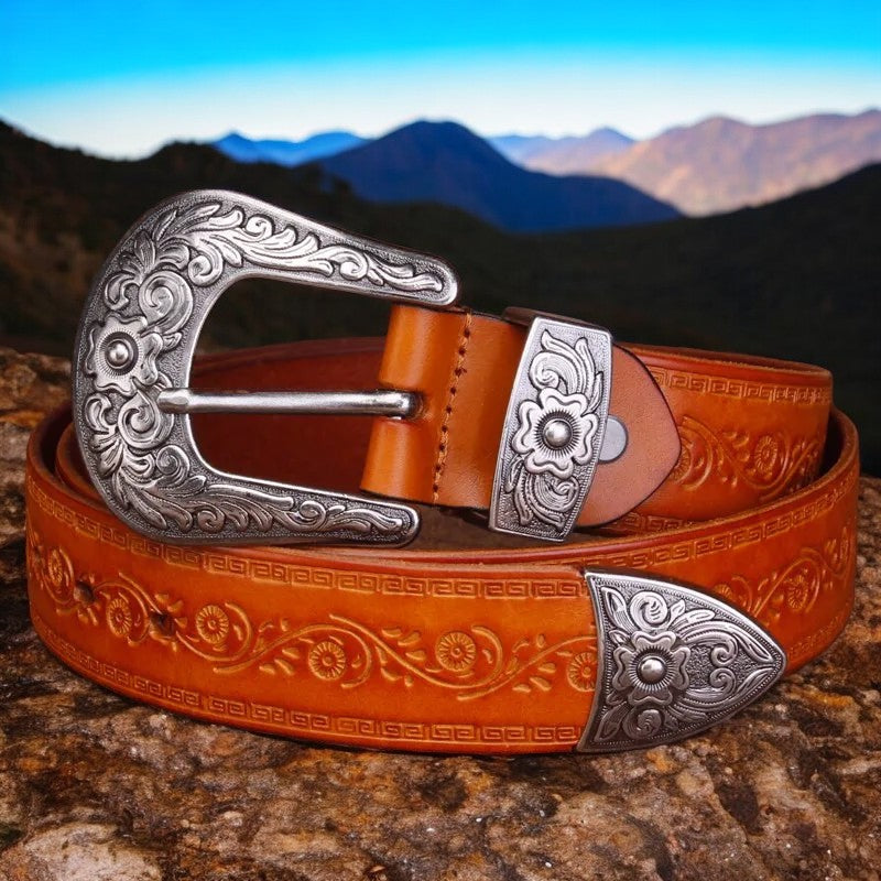 Leren Western Riem met Gedetailleerde Zilverkleurige Gesp