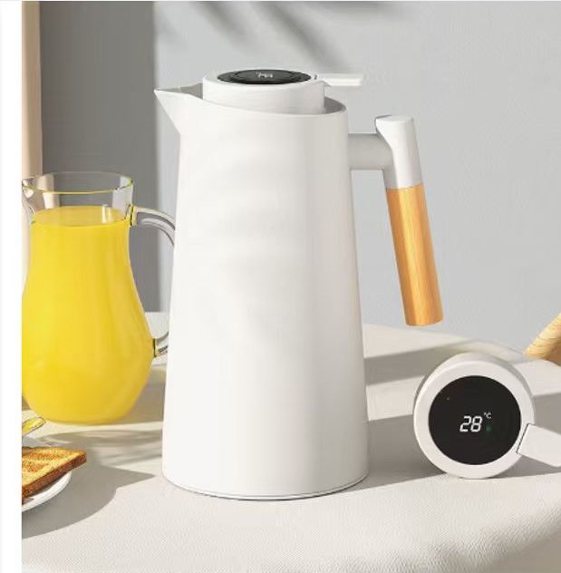 Glazen Thermokaraf Met Isolatie Temperatuurweergave En Houten Handgreep