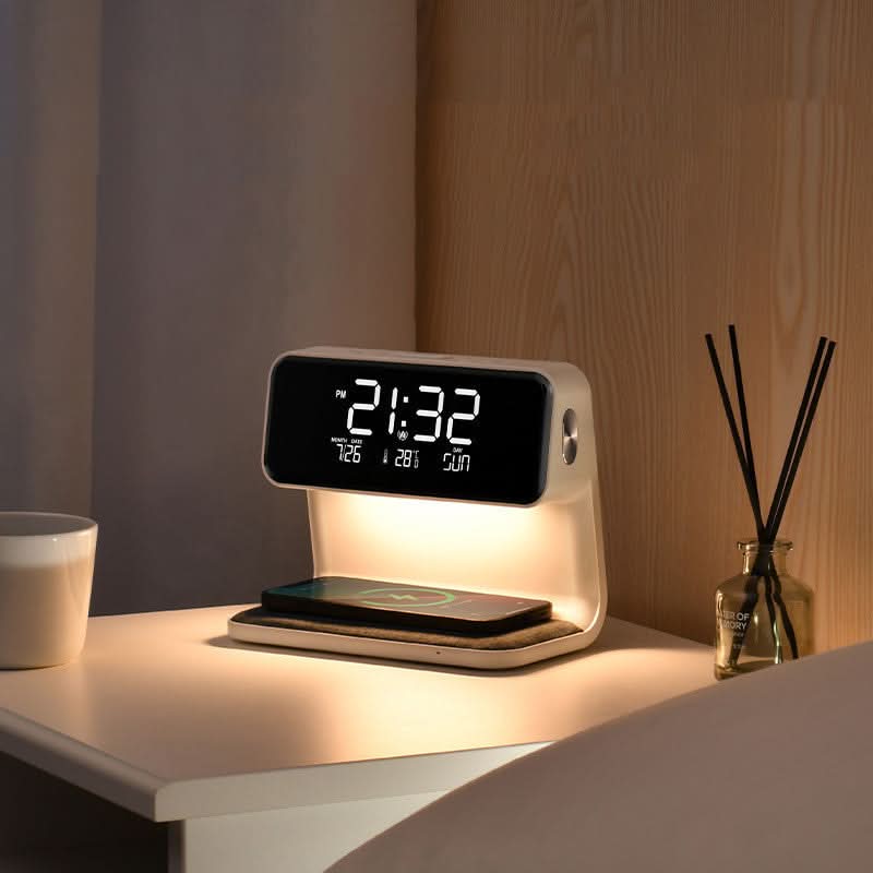 Tafellamp met Draadloze Oplader en LED‑Alarmfunctie voor Nachtkastgebruik