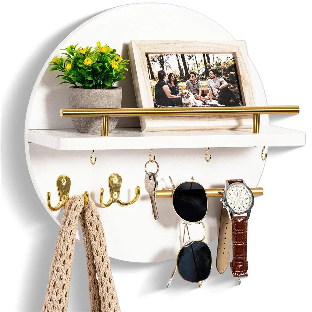 Wandorganiser met Ronde Houten Vorm en Metalen Accenten