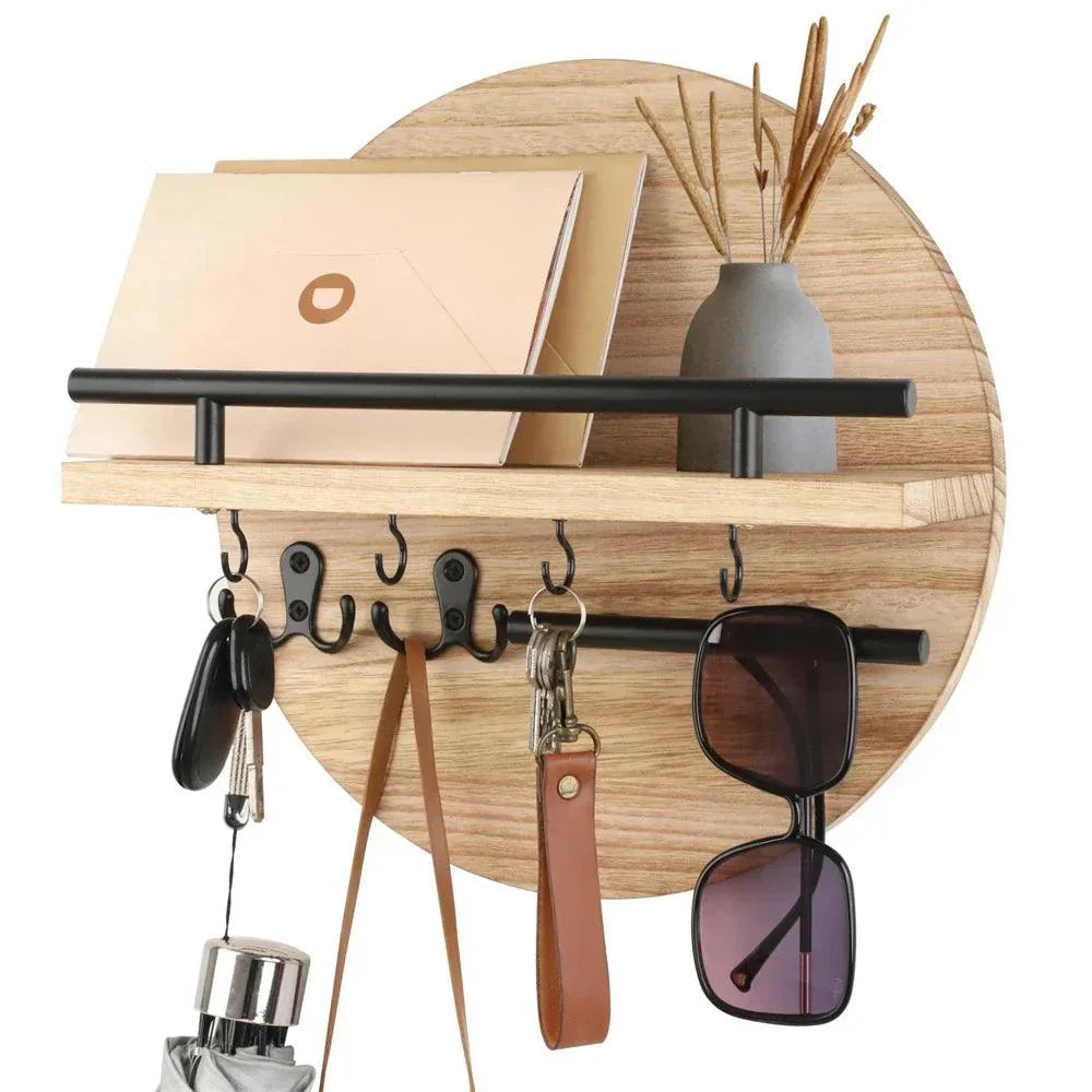 Wandorganiser met Ronde Houten Vorm en Metalen Accenten