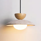 Travertin Hanglamp Met Glazen Kap En Houten Element