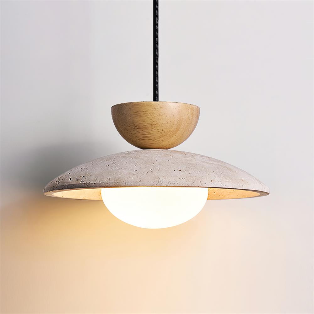 Travertin Hanglamp Met Glazen Kap En Houten Element