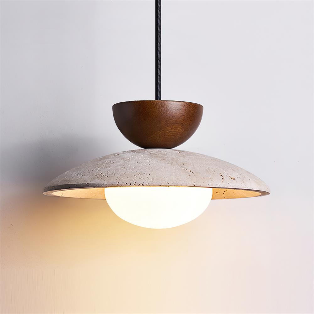 Travertin Hanglamp Met Glazen Kap En Houten Element