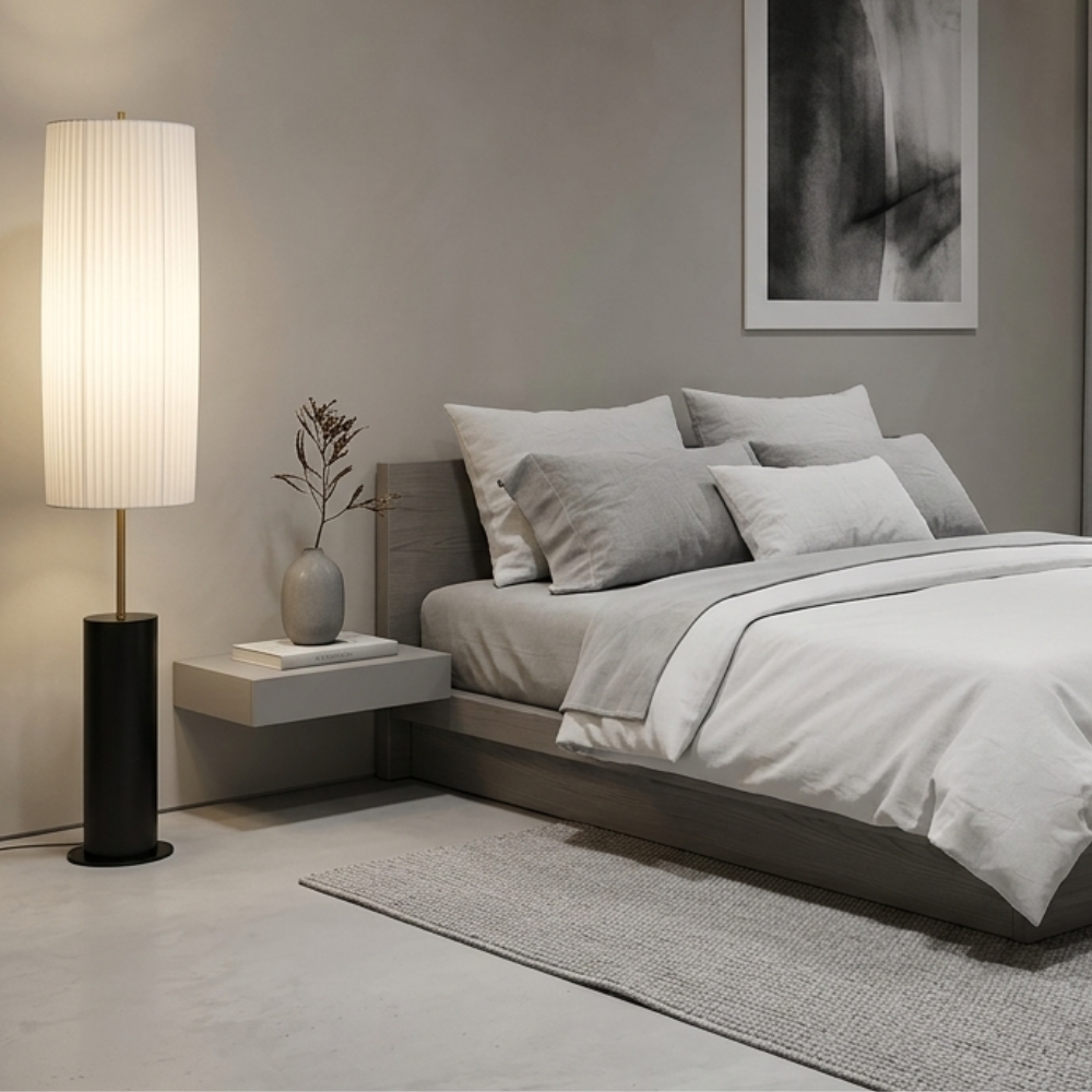 Minimalistische Vloerlamp met Stoffen Kap en Zachte Rustgevende LED‑Sfeerverlichting