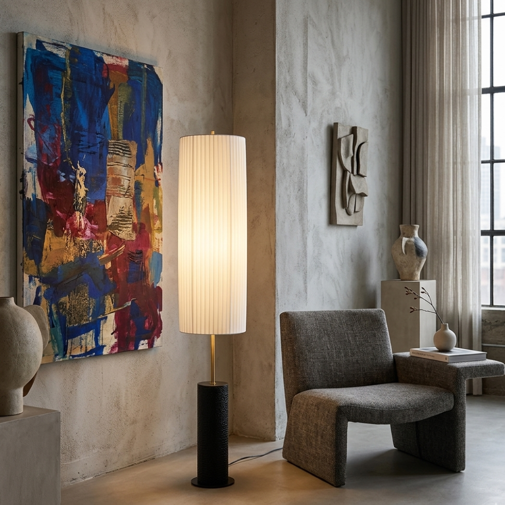 Minimalistische Vloerlamp met Stoffen Kap en Zachte Rustgevende LED‑Sfeerverlichting