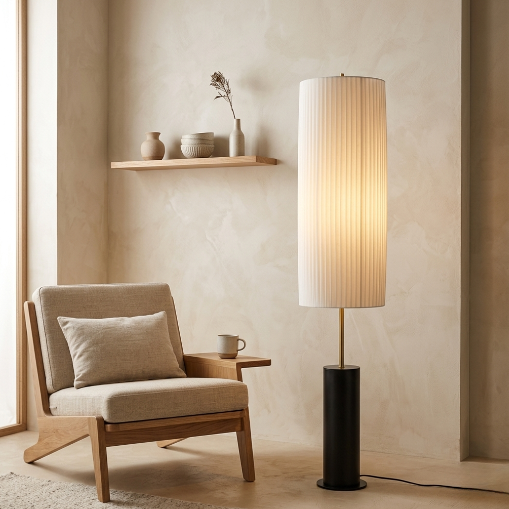 Minimalistische Vloerlamp met Stoffen Kap en Zachte Rustgevende LED‑Sfeerverlichting